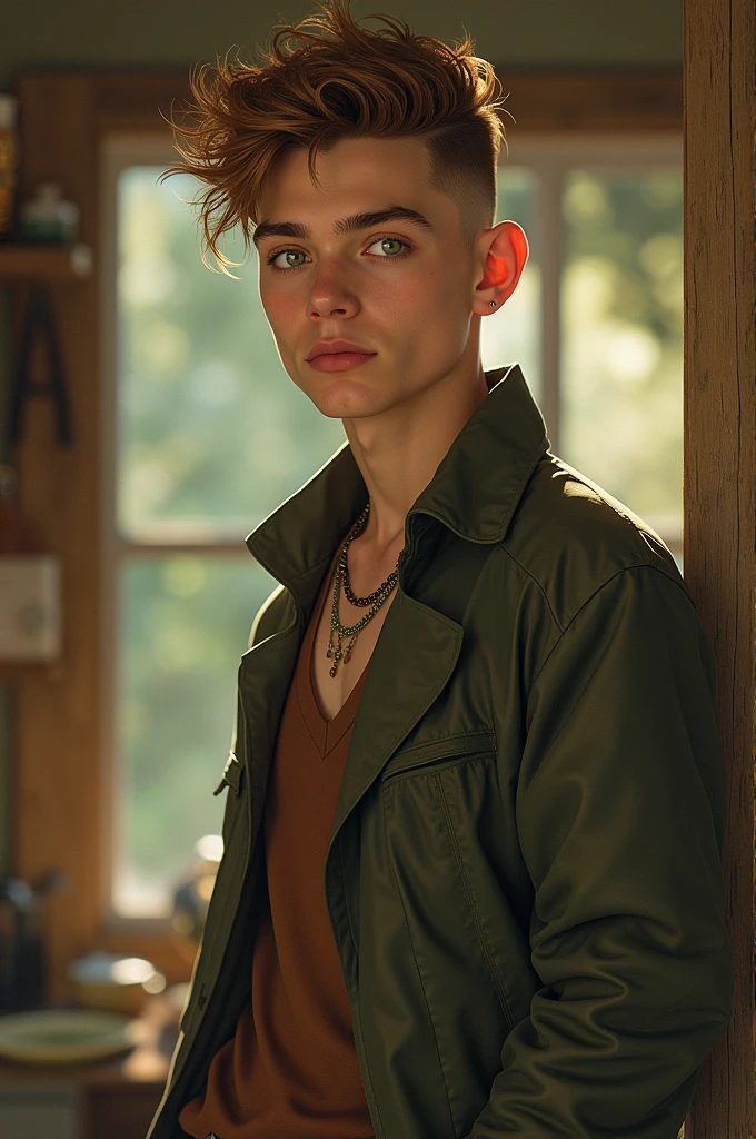 A 21-year-old young man from 1.77 tall, pale green eyes, brown hair with a wolf cut, cottagecore style/vintage.