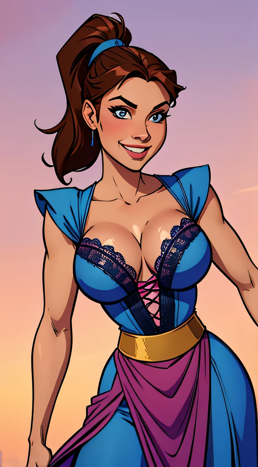 Slim athletic woman, beautiful smiling, blue and pink medieval dress with v-neck (lacy), skin fair, brown hair with ponytail, eyes browns, busty, arms back of the body. comic style.