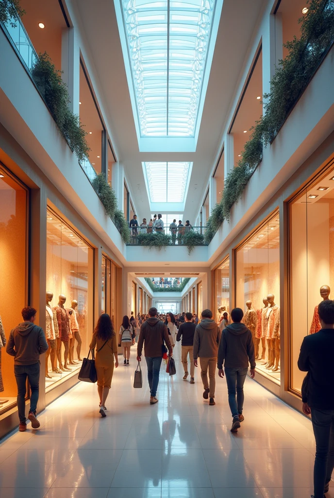 Clothing stores inside a shopping mall, one next to the other, with glass showcases and mannequins inside and people looking into these showcases 