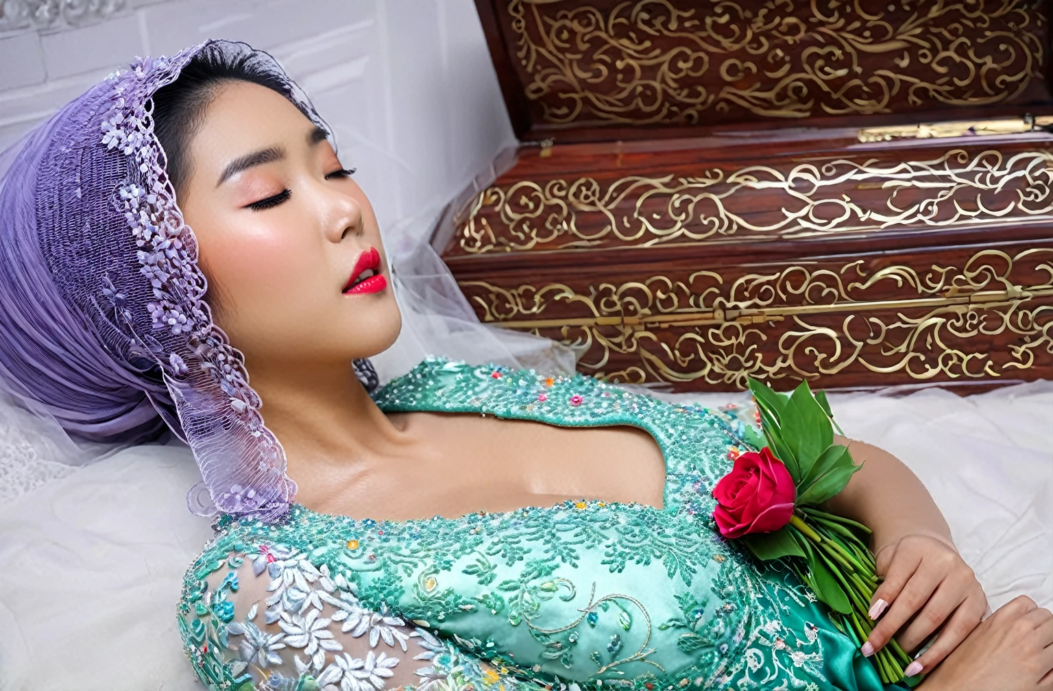 In a striking 8K HDR scene, a stunning Korean woman, 22 years old, lies peacefully in a long coffin and coffin lid beside the dead body. surrounded by plush pillows behind head. The deep box is set against a rich white background, accentuating the beauty of the subject. Her exquisite deep-V neckline kebaya attire is embroidered with superb detail, showcasing her round and firm breasts, perfect cleavage, and beautiful eyebrows. Her closed eyes and mouth give an air of serenity, while her visible and absolute cleavage leave nothing to imagination. The scene is bathed in saturated colors, highlighting every intricate aspect from the ball skirt to her clean face, straight body, detailed hand perfect hands, straight body, own hands together, own hand on stomach, detailed hands, perfect hands, holding the flowers, interlocked fingers