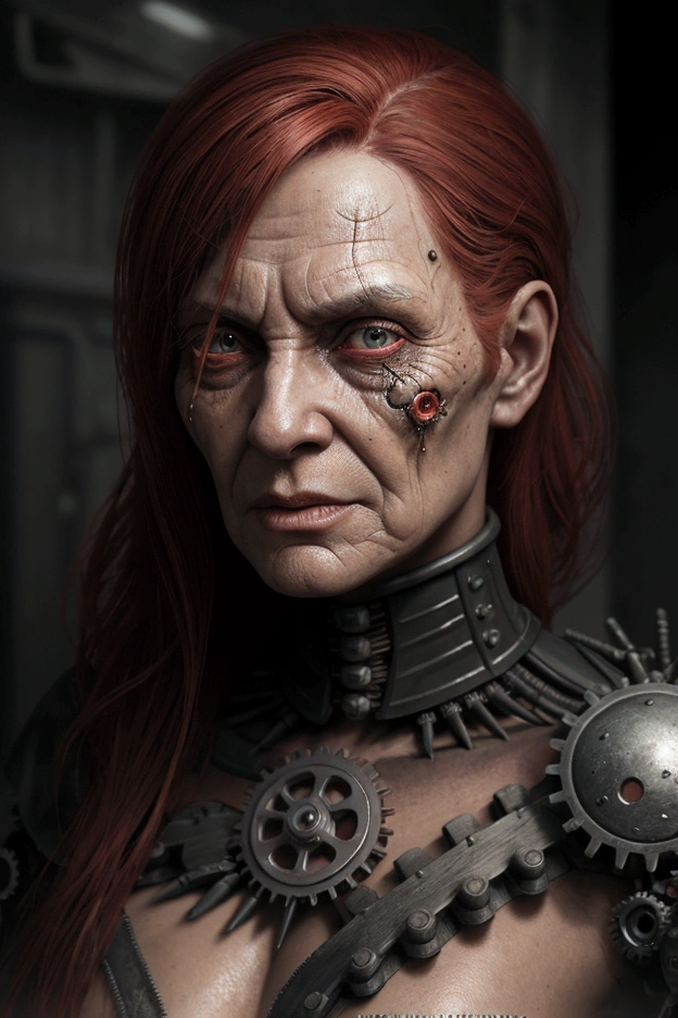 a withered elderly woman, cyborg witch, full body highly detailed face, detailed wrinkles, sunken cheeks, sharp cheekbones, piercing eyes, mesmerizing gaze, long wispy red hair, old ragged dark robe, intricate clockwork and gears embedded in skin, glowing cybernetic implants, dark moody lighting, dramatic chiaroscuro, gritty textured background, cinematic composition, digital painting, artstation, unreal engine, 8k, hyper realistic, masterpiece