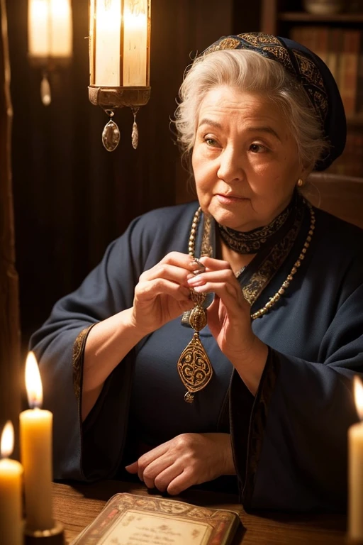 Create an image of a fat, dignified old woman fortune teller.。She has a heavy build、The face is round、Deep wrinkles、It is imbued with years of experience。Gazing into the crystal ball with sharp, clear eyes。She wears a luxurious robe with mystical symbols on it.、She is wearing a scarf that partially covers her grayish hair。The room is dimly lit、Candles、Tarot Cards、Ancient books are scattered around、There is a mysterious atmosphere。Shadows dance on the wall、It hints at the presence of an invisible force.。