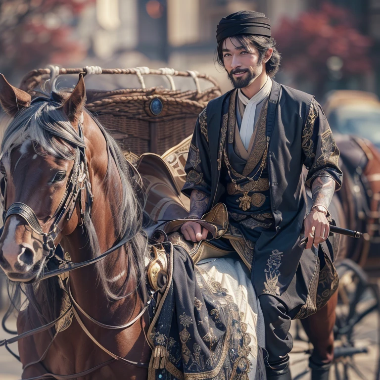 Horse-drawn carriage ride on Baker Street 、Hair Flow、 ((Highest quality、masterpiece、8k、Best image quality、Ultra-high resolution、Award-winning works)、(Accurate ???????:1.1)、(Look at me and smile:1.1)、Shining fair skin with Ultra-high resolution、The most detailed face、Ultra-high resolution detailed face、Ultra-high resolutionの髪の毛、(Ultra-high resolutionの煌めく瞳:1.1)、Beautiful face drawn in every detail、(Blurred Background:1.1)、Ancient Islamic clothing, Chest to chest, tattoo,