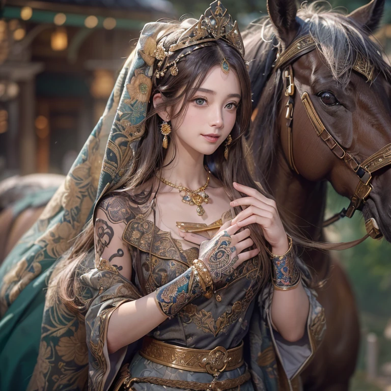 Horse-drawn carriage ride on Baker Street 、Hair Flow、 ((Highest quality、masterpiece、8k、Best image quality、Ultra-high resolution、Award-winning works)、(Accurate anatomy:1.1)、(Look at me and smile:1.1)、Shining fair skin with Ultra-high resolution、The most detailed face、Ultra-high resolution detailed face、Ultra-high resolutionの髪の毛、(Ultra-high resolutionの煌めく瞳:1.1)、Beautiful face drawn in every detail、(Blurred Background:1.1)、Ancient Islamic clothing, Chest to chest, tattoo,