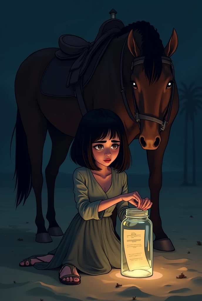 A stylish Pakistan girl with bob haircut
Sitting on sand
Leaned to a horse back
In a dark scary night
She has a glass jar in her hand
She is finding a folded paper from the glass jar