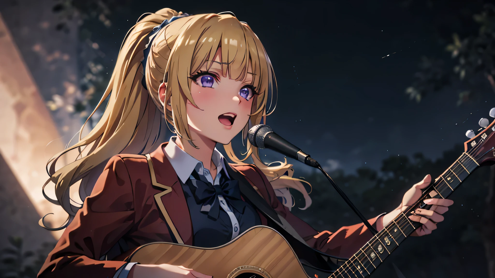 (masterpiece, best quality, absurdres), high quality, highres, ultra detailed, intricate, cinematic lighting, wallpaper, soft lighting, cowboy shot, looking at viewer, upper body, parted lips, 1 girl, kei Karuizawa, blonde hair, bangs, long ponytail , detailed violet eyes, ((Super Realistic Detailed Eyes, glowing eyes)), 20yo,beautiful face, sharp focus, singing karaoke, singing, open mouth, spotlight lightning, good mood, (headworn mic, wireless microphone, ear microphone), stage, stage vibes, dome, Tokyo dome, concert, (playing guitar, guitar), Taylor swift, Taylor swift vibe, idol, (school outfits, red coat)