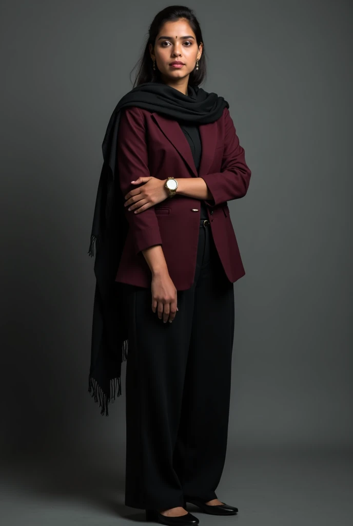 An Indian first year college girl formally dressed up in dark maroon suit, black salwar, black dupatta and black shoe