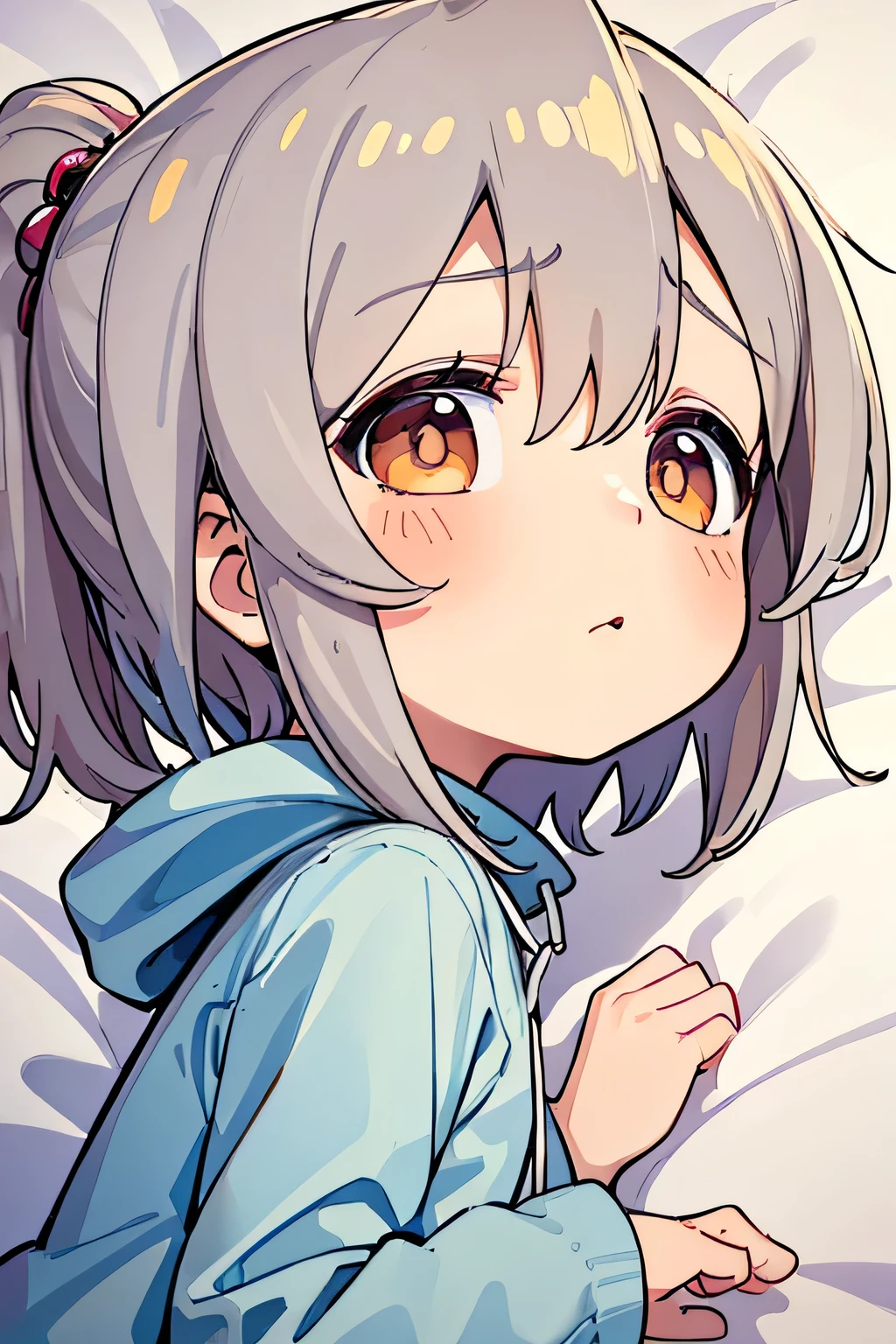 girl,hoodie,On the bed,smile,Heterochromia Red Eyes Blue Eyes,Small breasts,Cat ear,Feline tail,close eyes