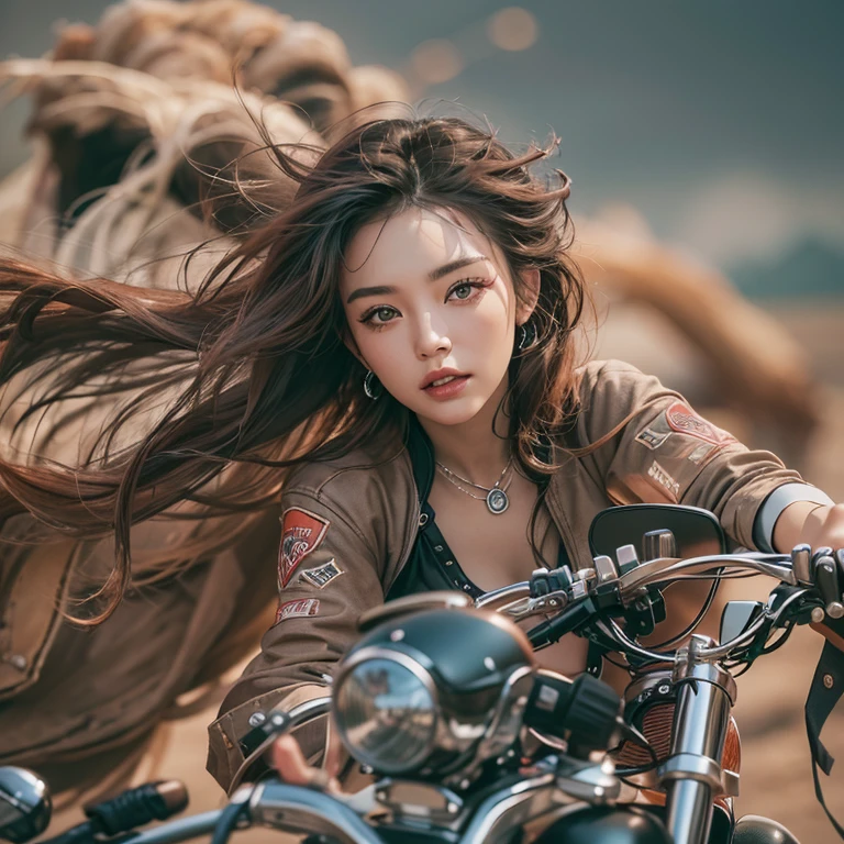 Riding a Harley Motorcycle、Running in the desert、Hair Flow、 ((Highest quality、masterpiece、8k、Best image quality、Ultra-high resolution、Award-winning works)、(Close-up of a woman'face:1.35)、(裸faceのクローズアップ:1.3)、(Accurate anatomy:1.1)、(Look at me and smile:1.hining fair skin with Ultra-high resolution、最も詳細なface、Ultra-high resolution detailed face、Ultra-high resolutionの髪の毛、(Ultra-high resolutionの煌めく瞳:1.1)、細部まで描かれた美しいface、(Blurred Background:1.1)、