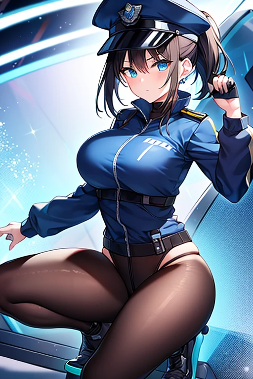 1girl, black hair, short hair, ponytail, long ponytail, blue eyes, large breasts, toned, hourglass figure, serious, blue jacket, bodysuit, black bodysuit, policewoman, police hat, police, neon, neon trim, futuristic, science-fiction, machinery, tech, full_body, ((full body)), standing, high heels