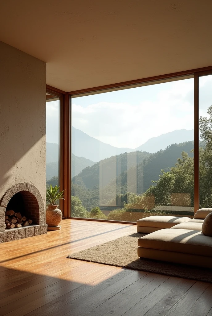 Living room with dining area, approximately 6 meters by 7 meters, with a window from side to side on the back wall with a view of the eastern hills of Bogotá, and an old fireplace in the middle of the wall perpendicular to the window, wall height maximum 3 meters, Wooden floor and beige walls, white plaster ceiling