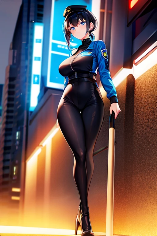 1girl, black hair, short hair, ponytail, long ponytail, blue eyes, large breasts, toned, hourglass figure, serious, blue jacket, bodysuit, black bodysuit, policewoman, police hat, police, neon, neon trim, futuristic, science-fiction, machinery, tech, full_body, ((full body)), standing, high heels