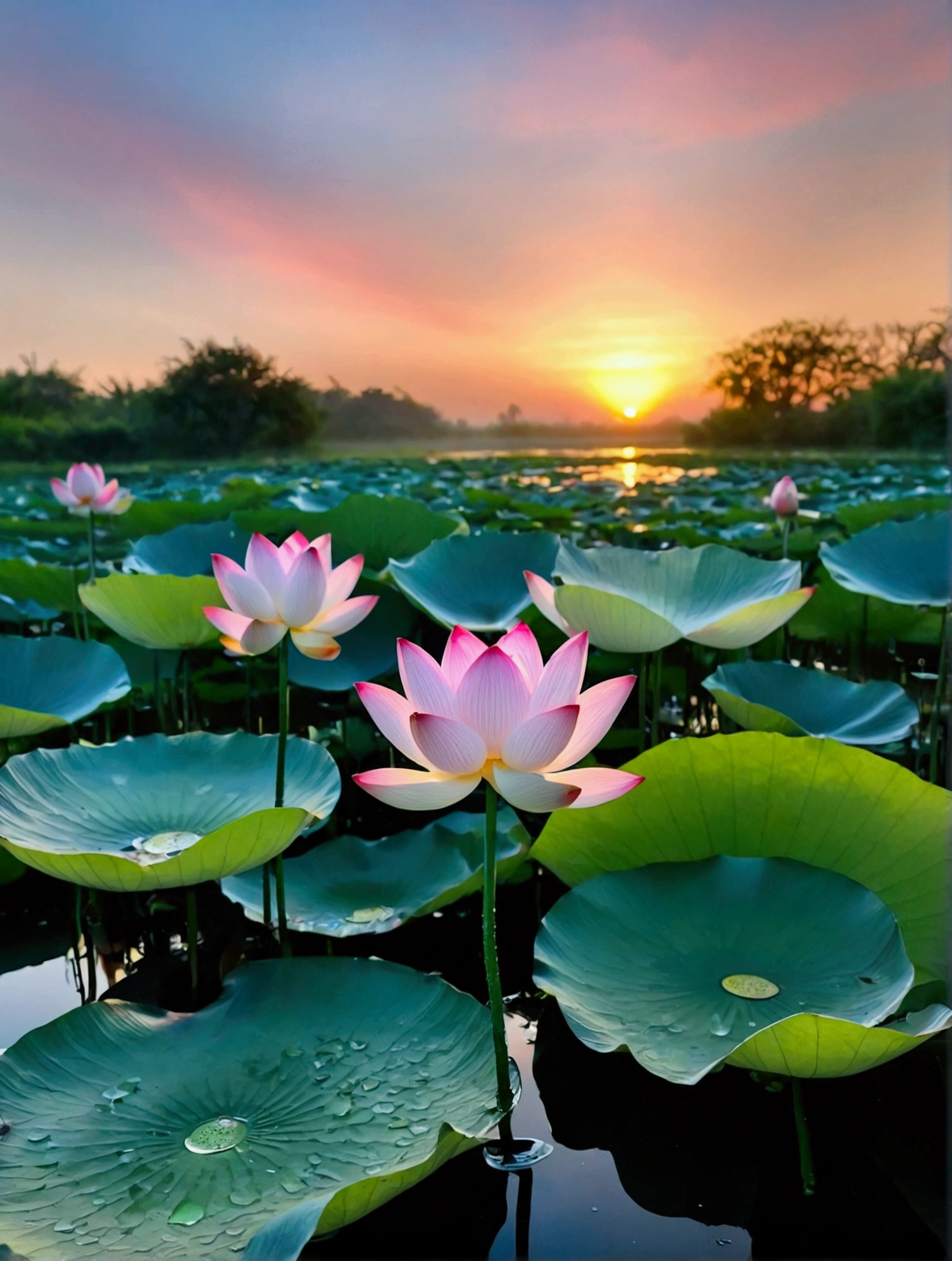 Sunset，Sunset，Mist，The whole sky is filled with flaming sunset clouds，There are several lotus flowers in the pond，Water drops on flowers