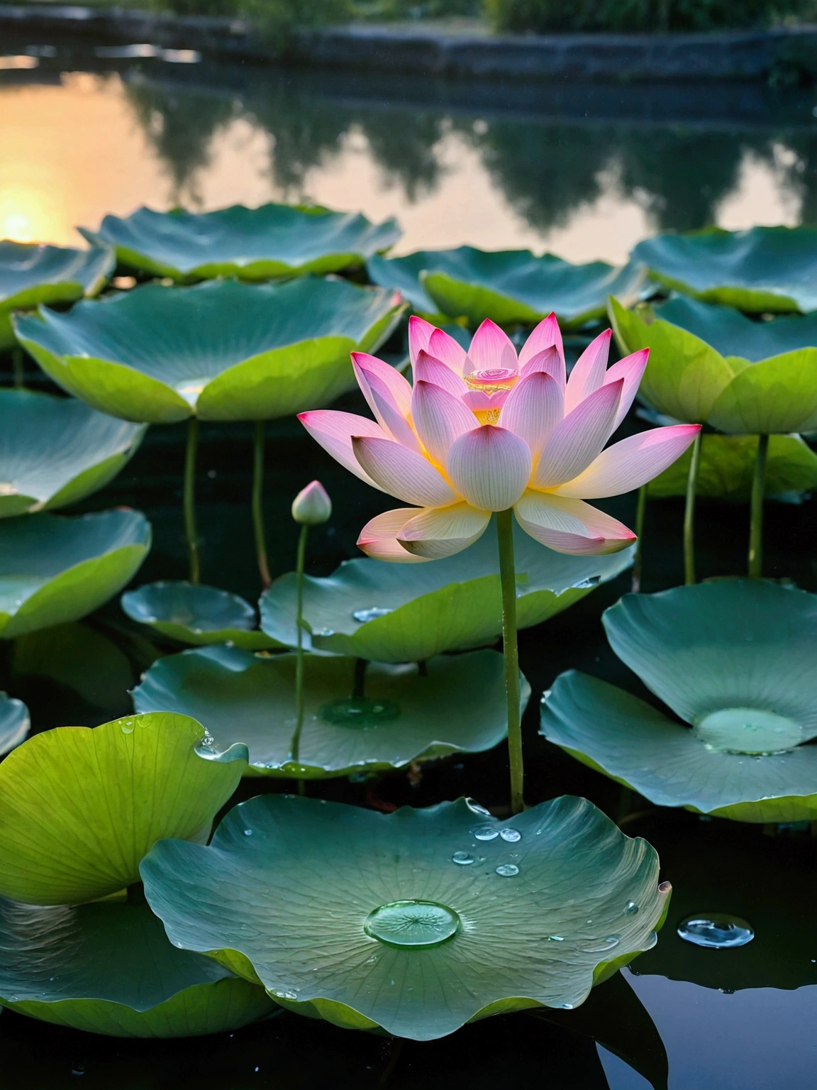 Sunset,Sunset,Mist,The whole sky is filled with flaming sunset clouds,There are several lotus flowers in the pond,Water drops on flowers