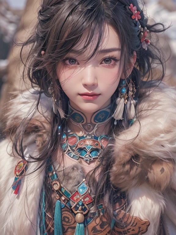 Hiding in the snowy mountains、Hair Flow、 ((Highest quality、masterpiece、8k、Best image quality、Ultra-high resolution、Award-winning works)、(Accurate anatomy:1.1)、(Look at me and smile:1.1)、Shining fair skin with Ultra-high resolution、The most detailed face、Ultra-high resolution detailed face、Ultra-high resolutionの髪の毛、(Ultra-high resolutionの煌めく瞳:1.1)、Beautiful face drawn in every detail、(Blurred Background:1.1)、Ancient Inuit clothing, Chest to chest, tattoo, Old ruins in the background、he'It's big, You have a real hawk on your shoulder..