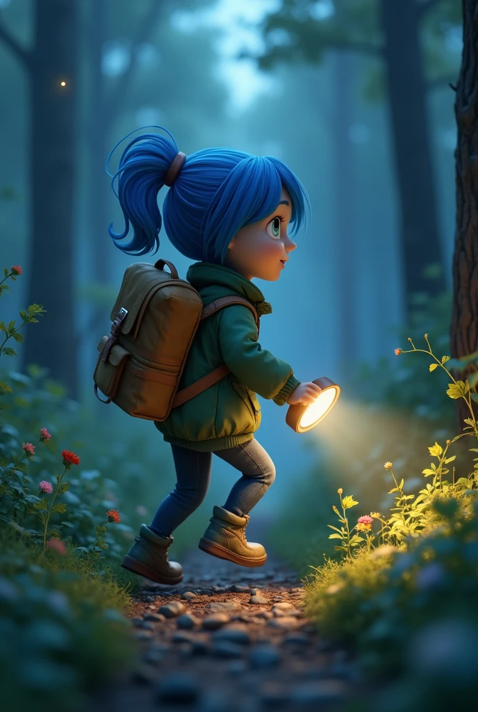 size：1242x2688 pixels，A very cute girl，Wearing a green flight jacket，Blue hair，Carry a backpack on your back，Running in the forest at night with a flashlight in hand，Mysterious Adventure，Flowers，plant，firefly，Realistic natural landscape，Intricate details，popmart blind box，Clay Materials，Pixar Trends，3D Art，C4D，Octane Rendering，Animation Lighting，Intricate details,Realistic depiction，Tilt displacement。Crepuscular Ray，uplight， Ultra HD 32k，webp