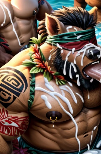 Super muscular adult boar beastman,(Wear Hawaiian traditional clothing:1.7),Open your mouth and stick out your tongue,(Surrounded by erect men:1.2),(a large amount of semen on the face and body,:2.0),Southern Island,(Anal Sex:1.5),Brown fur,Black hair and beard,Kneeling,Tattoo,Close ~ eyes,Huge erect penis,(Nipple ring piercing:1.2),lick,Blindfold,Deep Throat