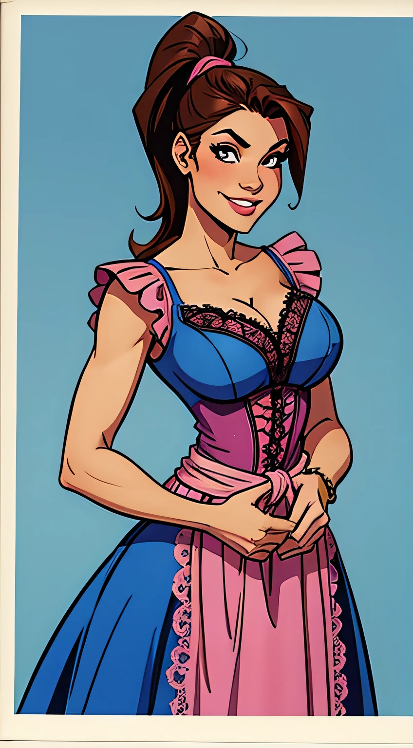 Slim athletic woman, beautiful smiling, blue and pink medieval dress with v-neck (lacy), skin fair, brown hair with ponytail, eyes browns, busty, Hands on waist. comic style.