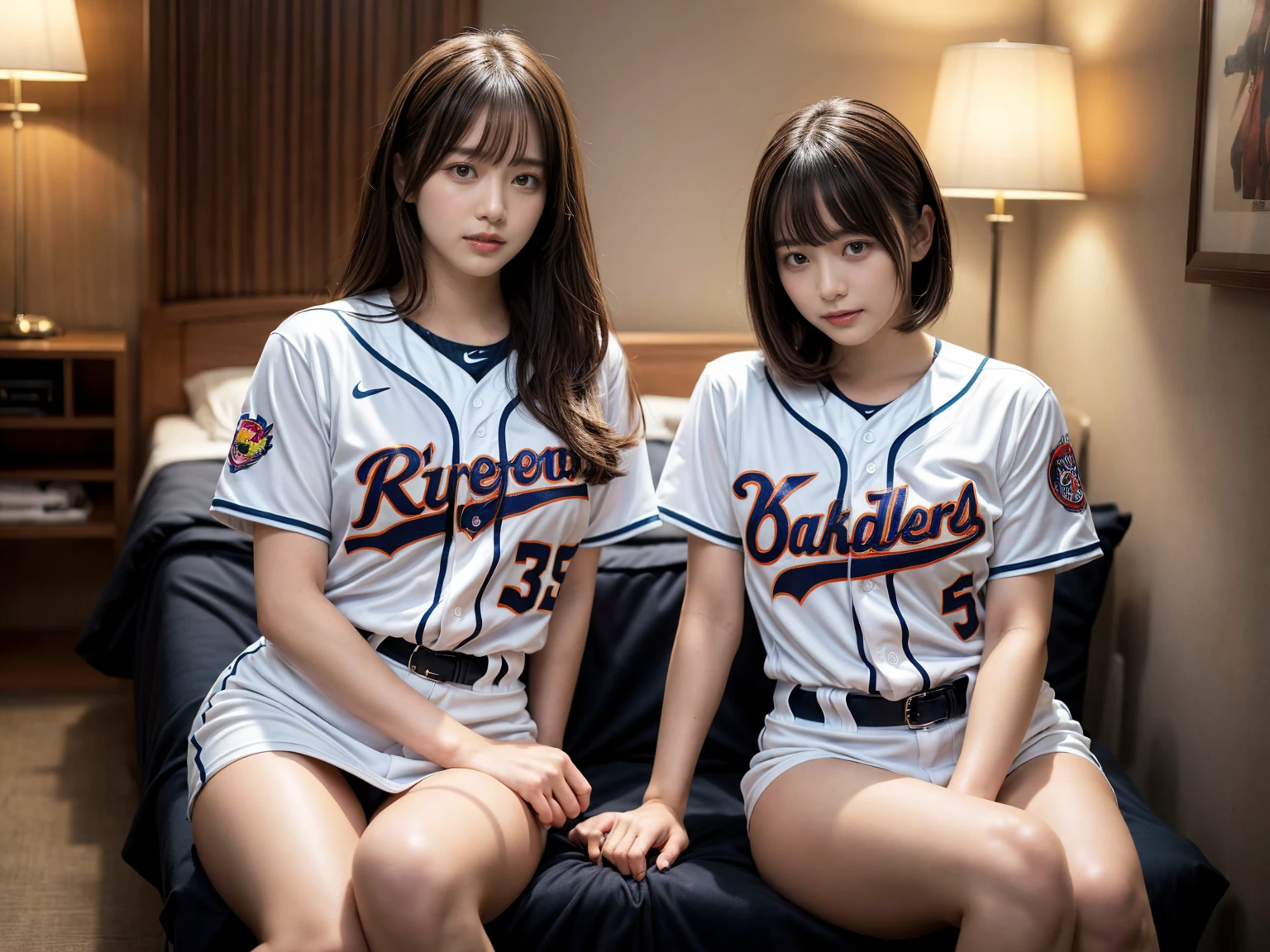masterpiece, best quality, illustration, Super detailed, fine details, High resolution, 8K,wall paper, perfect dynamic composition,(Details High quality, realistic depiction of eyes:1.3), (2 girls), ((Baseball Uniforms), a miniskirt, Toned buttocks), sitting, open legs, short bob hair, in a hotel room in the background, deep on field, large breasts, black hair color, Big Natural Color Lip, (perfect body shape), crying a little、Harajuku style、20 year old girl、cute type、beautiful legs, Gravure Idol