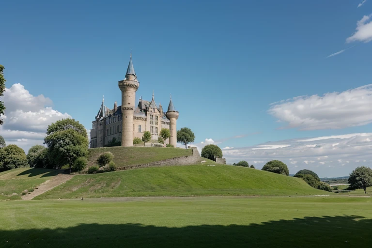 A castle standing in a grassy area under a blue sky