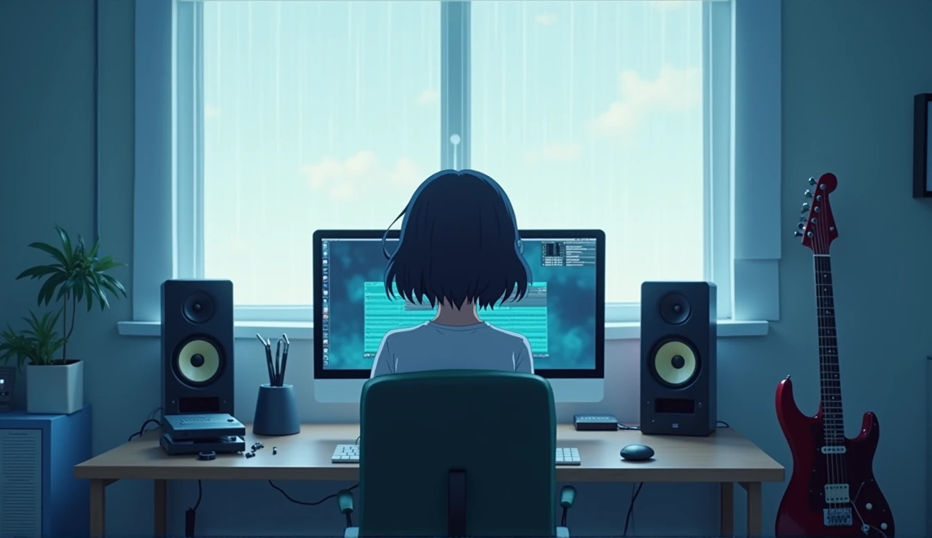 There is no one here Inside the room green white Emotional computer speaker Electric guitar leaning against a wall Desktop Music dawn An illustration Anime Style