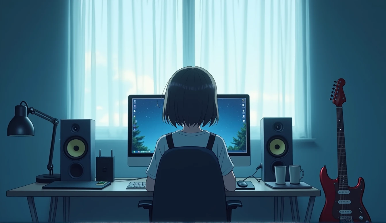 There is no one here Inside the room green white Emotional computer speaker Electric guitar leaning against a wall Desktop Music dawn An illustration Anime Style