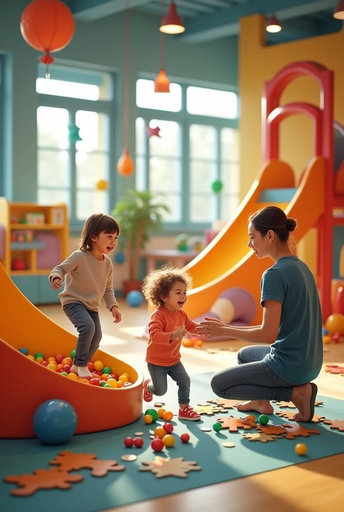 An internal area, With toys. Children playing in the ball pit and slides and adults doing educational activities with them