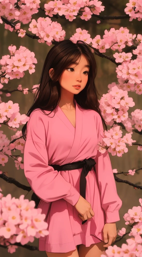 Kizi, Panas, portraite, breasts small, Scrawny, long brown hair, blossom, powerpuff Kizis, Panas, soft or colored lips, pink dress, black belt, large hair tie, blossom, powerpuff Kizis, simple background, plain colors, perfect hands, Perfect Anatomia