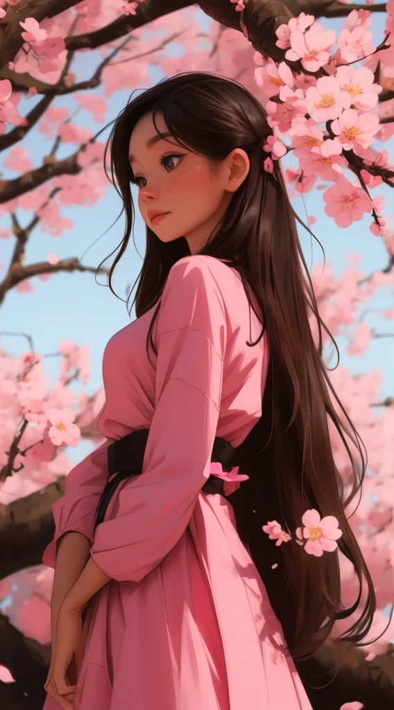 Kizi, Panas, portraite, breasts small, Scrawny, long brown hair, blossom, powerpuff Kizis, Panas, soft or colored lips, pink dress, black belt, large hair tie, blossom, powerpuff Kizis, simple background, plain colors, perfect hands, Perfect Anatomia