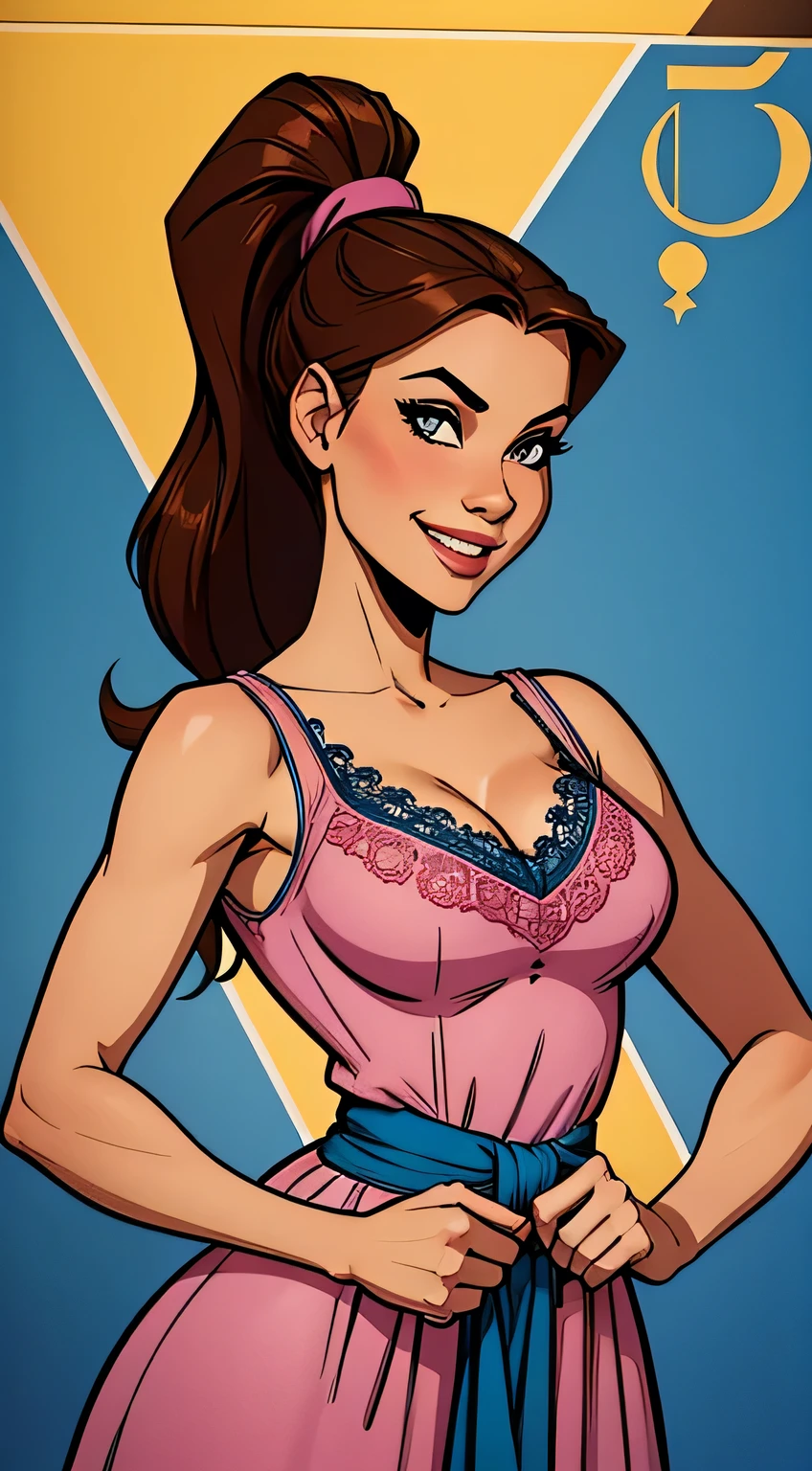 Slim athletic woman, beautiful smiling, blue and pink medieval dress with v-neck (lacy), skin fair, brown hair with ponytail, eyes browns, busty, Hands on waist. comic style.