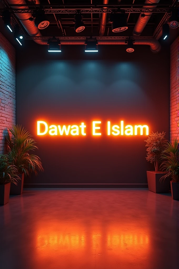 Create a YouTube studio background with a modern and sleek desgin. In the center of the background.display the name Dawat E Islam in bright neon lights with correct spelling The neon lights should be in a vibrent colour such as electric black or neon yellow Surround the neon text with subtle complementary lighting and dector the enhance should be stylish professional and inviting perfect for a YouTube content creator's studio.