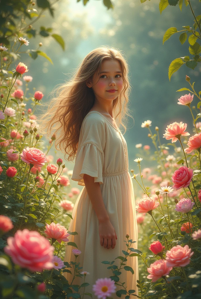 Girl in garden with all tyes of flowers