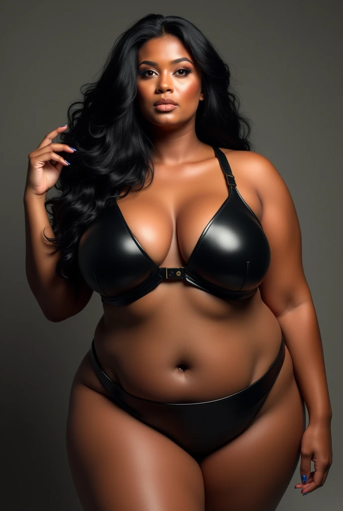 araffes in a black leather bra top and high heels posing for a picture, angela white, voluptuous and arousing, extremely plump, covered sfw huge breasts, voluptuous body, giant stunning goddess shot, wet swimsuit, wearing leather bikini, with large breasts, voluptuous figure, curvy, powerful and huge, thick shining black hair