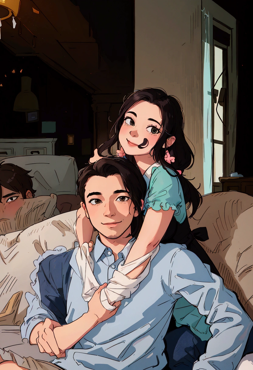 arafed couple sitting on a couch in a living room, couple portrait, couples portrait, home photography portrait, smiling couple, portrait of two people, lovely couple, happy couple, couple on bed, couple pose, detailed portrait shot, stylized photo, profile image, sydney hanson, two people