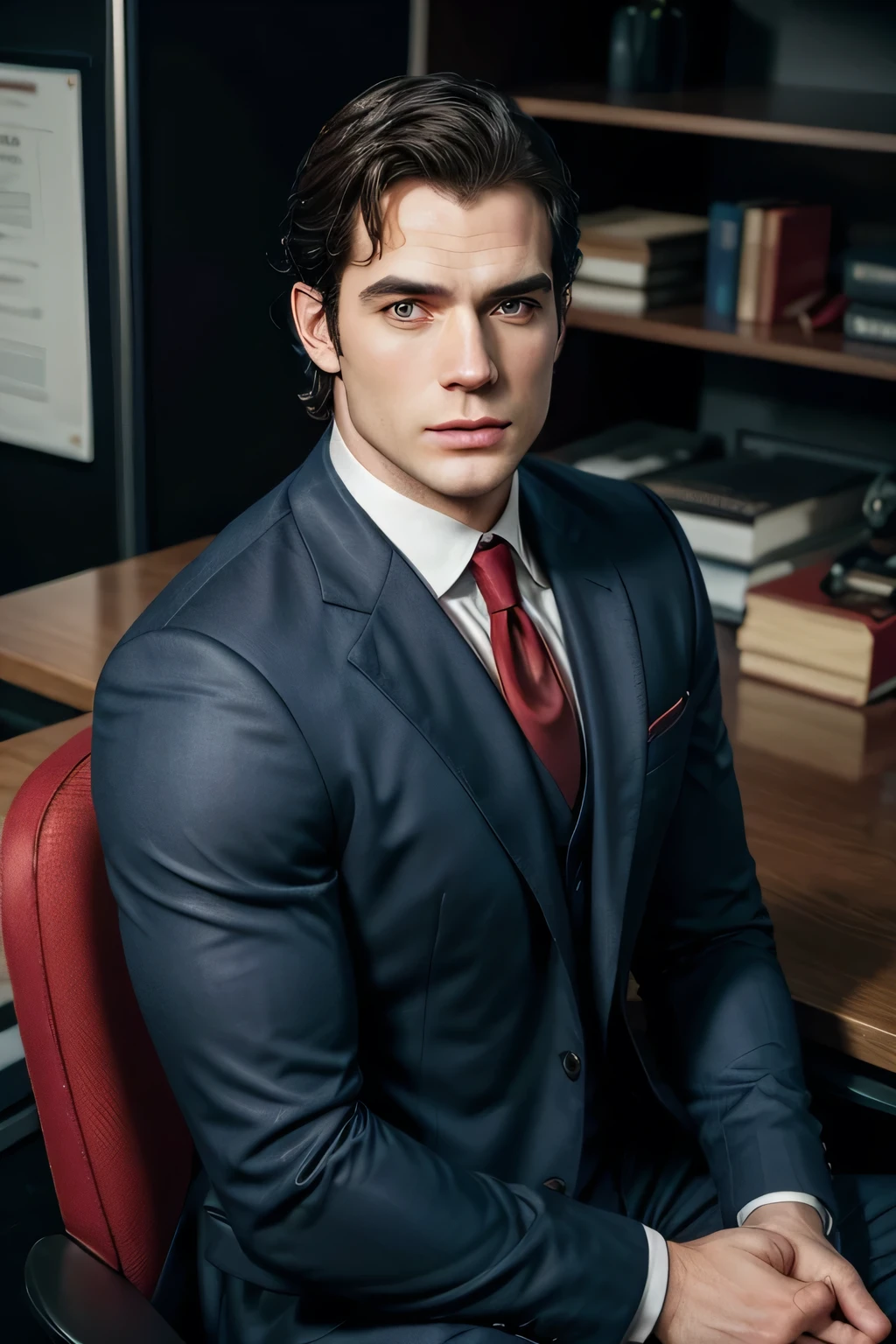 Henry Cavill beardless with short hair and a voluminous quiff. wearing dark blue suit with scarlet red tie in a bright office