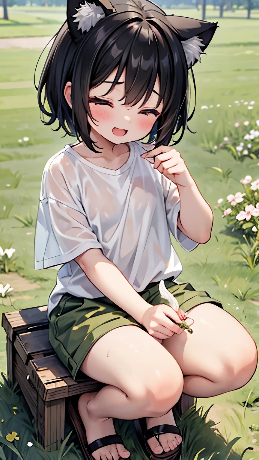 Grassland,smile,close your eyes,Small child 1, 1,short hair,Black Hair,blush,White T-shirt,Olive green shorts,Brown Sandals,White skin,From below,shy,Wet,Please open your mouth wide,Cowboy Shot,squat,Facing forward,Cat ear,Cat&#39;s Tail,