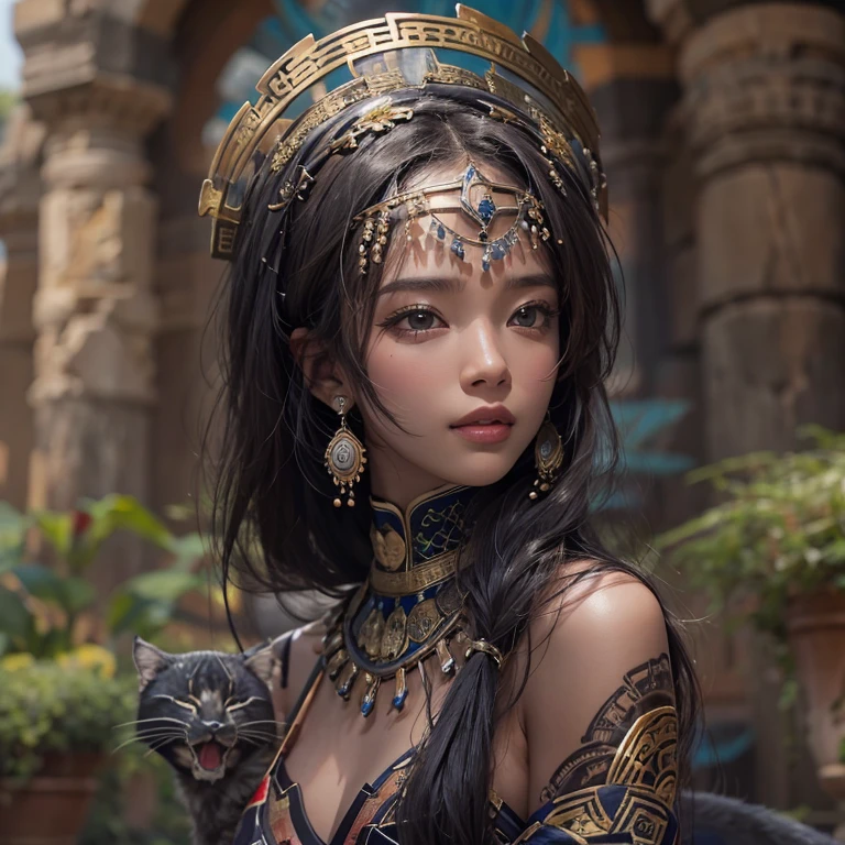 Hiding in the desert、Hair Flow、 ((Highest quality、masterpiece、8k、Best image quality、Ultra-high resolution、Award-winning works)、(Accurate anatomy:1.1)、(Look at me and smile:1.1)、Shining fair skin with Ultra-high resolution、The most detailed face、Ultra-high resolution detailed face、Ultra-high resolutionの髪の毛、(Ultra-high resolutionの煌めく瞳:1.1)、Beautiful face drawn in every detail、(Blurred Background:1.1)、Ancient Islamic clothing, Chest to chest, tattoo, Old ruins in the background、Sitting black panther