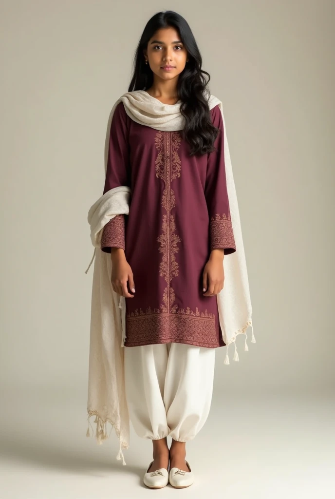 An Indian first year college girl formally dressed up in dark maroon suit, white salwar, white dupatta and white shoe