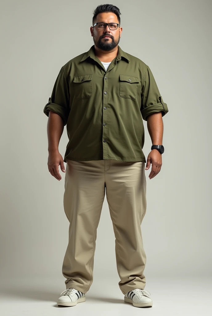 Create a photo of a 1 meter 80 centimeters man, of 100kg, stark, with black hair and straight side stepson, with glasses, Caucasian skin, wearing light beige tailored pants, White sneakers, military green shirt with rolled up sleeves, a watch.