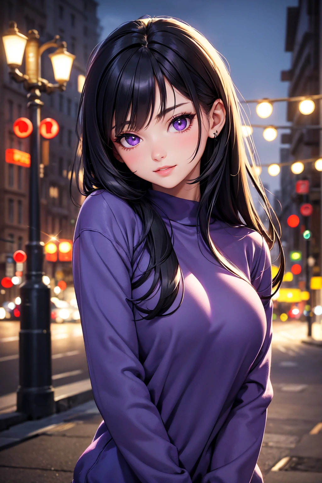 Well done work highly detailed with high resolution, sharp lines and colors, perfect lighting, face detailed, detailed hair, eye detailed, detailed nose, detailed lips. a beautiful girl with long, tied black hair, purple eyes and a short smile wearing a blue sweatshirt, city at night.