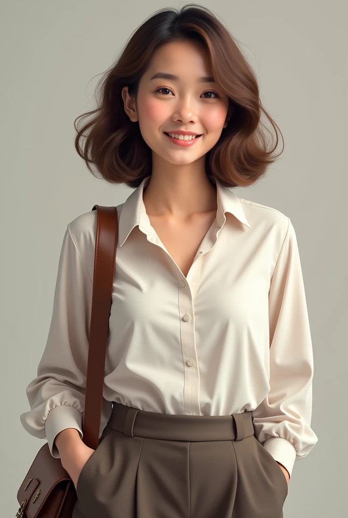 Pretty indonesian woman, 25 yers old, teacher, modest fashion, average height, 5 feet tall, pretty light brown eyes, short curly hair with a slim body