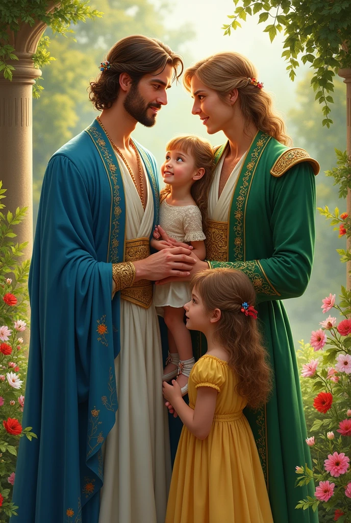 A prince dressed in blue and a prince dressed in green who love each other very much, They have twins who are a girl and a boy.