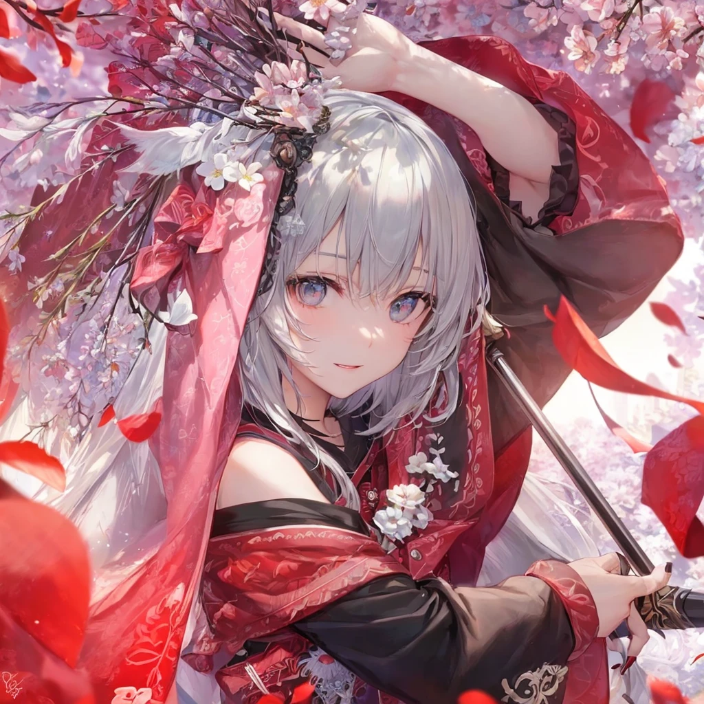 Ultra HD,Look at the viewers, Place your hands behind your back, With a girl, 20-year-old, 非常にshort hair, Long bangs between the eyes, Pale blue eyes, Very detailed,(masterpiece、Highest quality),Gray Hair、Laughter、wonderful, Silver Hair, iris, short hair、 Fluttering Hair、Small face、明るいsmile、(Detailed face) ,Professional Lighting,wonderful風景,blue sky, sunlight,Looking down from above,Portraiture、Open your mouth、Flower Field、Her eyes were shining、Mysterious and enchanting atmosphere。With AI Painting、とてもshort hair, Long bangs between the eyes, Very detailed,(masterpiece、Highest quality)、alone、Gray Hair、Fantasy, Silver Hair, Fantasyな風景、smile、Open your mouth、short hair、short hair、hairpin、black eye、Grey Eyes、Beautiful Eyes、Black Shirt、White hoodie、Hold the sword