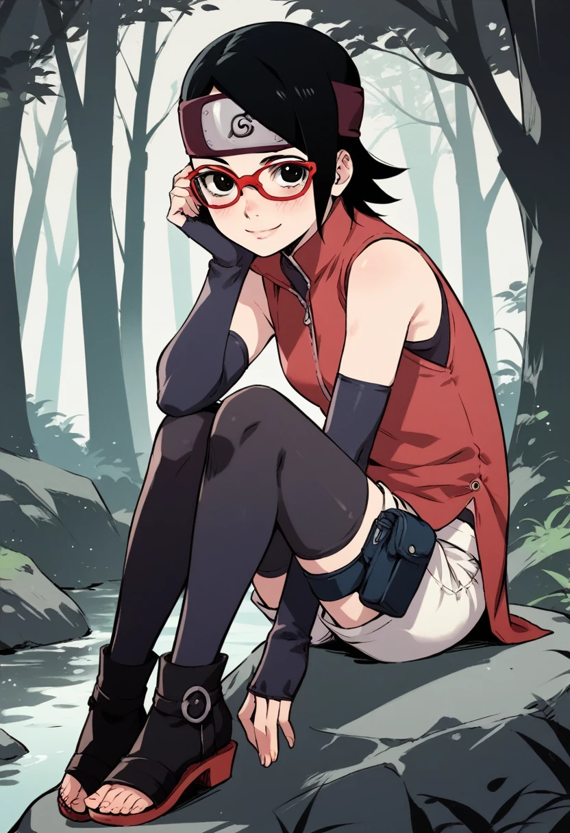 (score_9, score_8_up), score_7_up, zPDXL, Sarada Uchiha, solo, 1girl, black hair, short hair, red-framed eyewear, glasses, black eyes, red dress, sleeveless, elbow gloves, black gloves, fingerless gloves, white shorts, black thighhighs, thigh holster, toeless sandals, smile, looking at viewer, blushing, forehead protector, konohagakure symbol, sunny, forest, sitting on rock, orenji