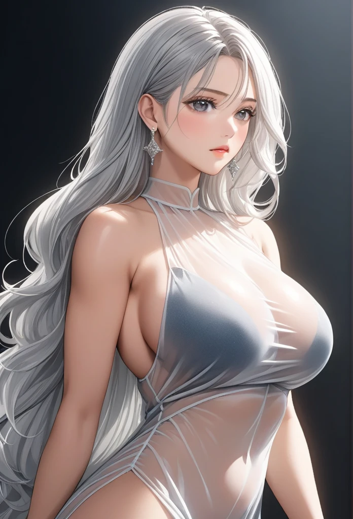 A beautiful muscular and lean woman with long white wavy hair, grey eyes, wearing see through dress, extremely detailed hair, extremely detailed eyes, extremely detailed body, (best quality,4k,8k,highres,masterpiece:1.2),ultra-detailed,(realistic,photorealistic,photo-realistic:1.37),detailed long drop dangle earrings, saggy breasts, elegant, intricate, cinematic lighting,