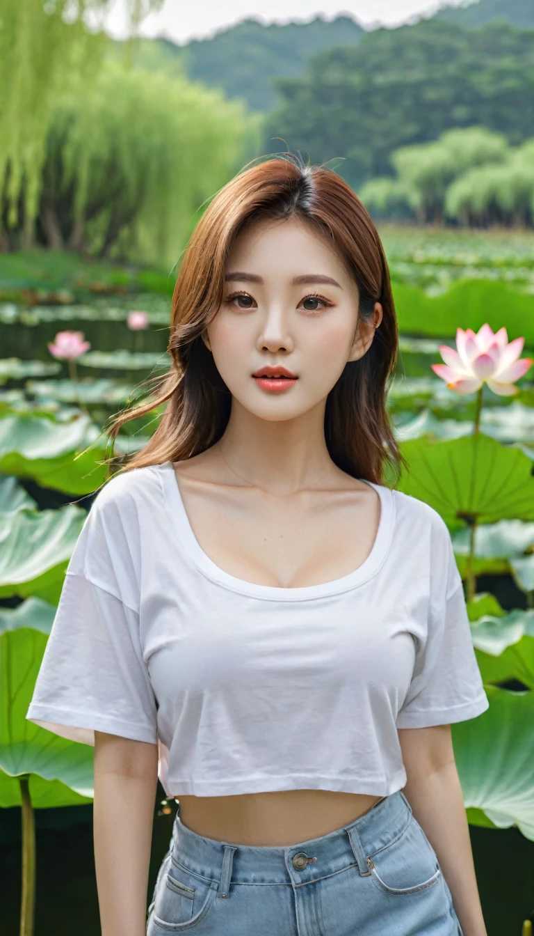 close-up of beautiful korean female, 34 inch breasts size, wearing t-shirt , shorts, in the willows forest, lotus pond in backdrop, UHD