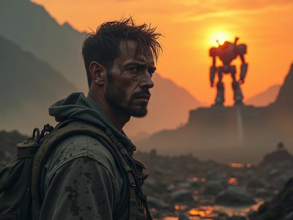 (War Photography:1.4) capturing a raw, emotional moment on the battlefield at sunset. A lone soldier, dirty and worn, stands amidst the chaos, illuminated by the dimming orange sky. Detailed textures of mud and sweat on the soldierâs face, intricate patterns of tattered uniform, and the sharp focus on the distressed fabric. High contrast between the dark, gritty environment and the vibrant, fiery sunset. Emotive expressions reflecting the toll of war. Smoke and debris fill the air, adding depth to the scene. Photorealistic style, highlighting the rough, visceral nature of war. (Battle-weary, intense, somber mood:1.2). (Calotype style:1.4), monochrome, upper body, greyscale, windswept or battle-worn look, ,A woman is standing on top of a mountain that has a giant robot on it. There is a waterfall under the robot. There are large mountains behind the woman.