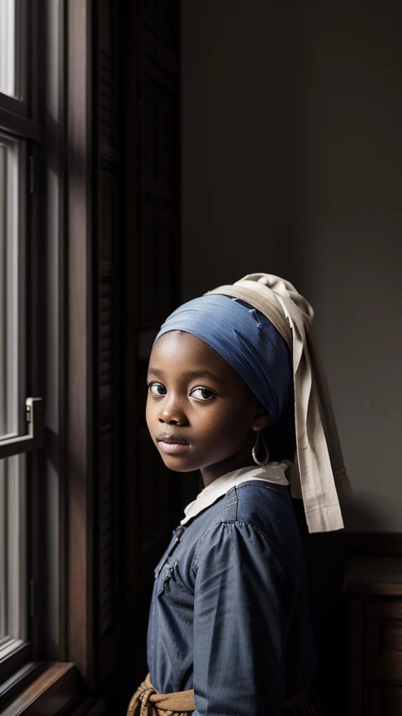 African girl with the pearl earring standing behind the window shutter, summer