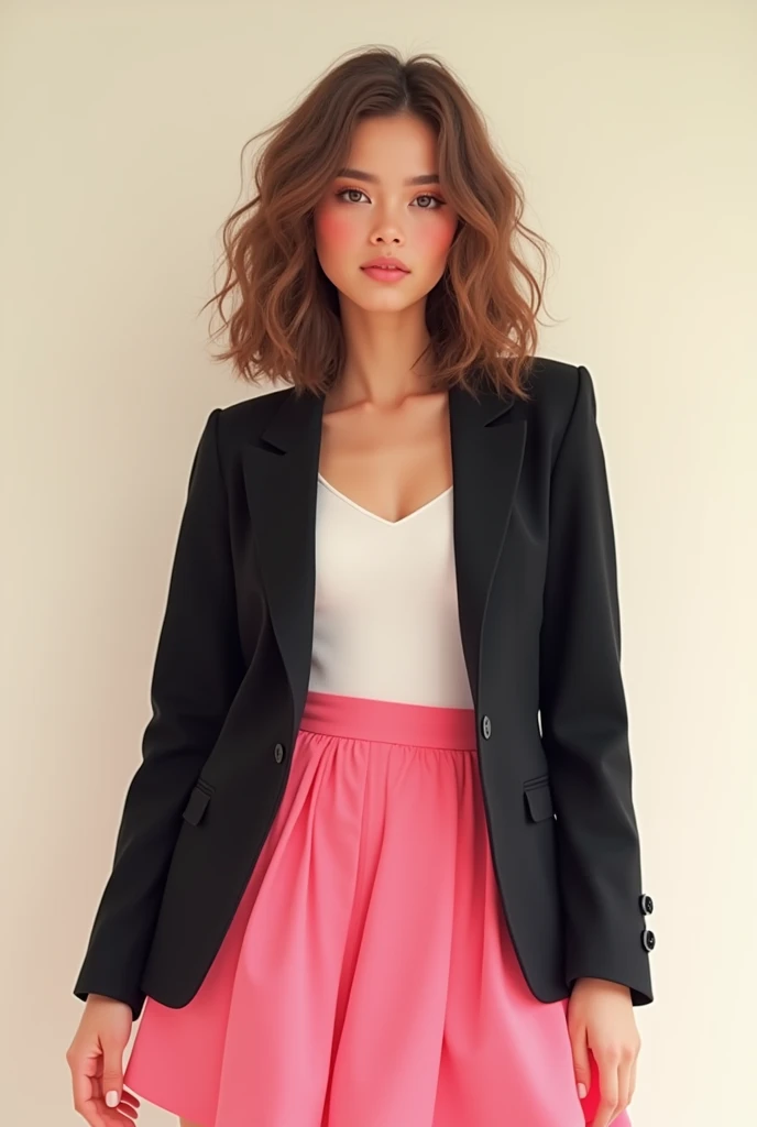 Generate me a girl of 1.5 skin color with a pink skirt, black jacket and a white top