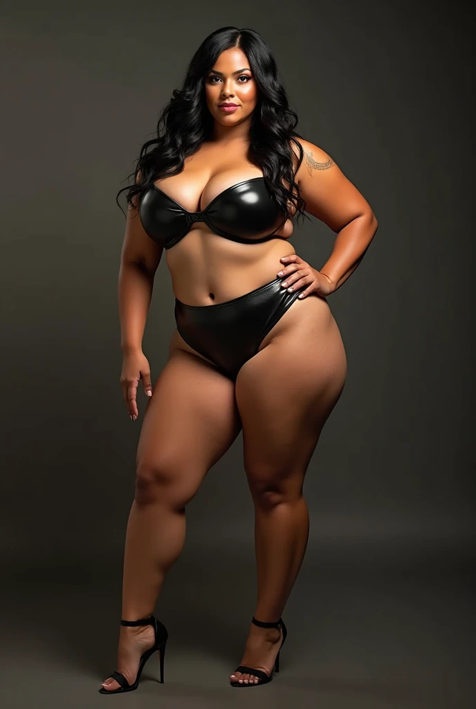araffes in a black leather bra top and high heels posing for a picture, angela white, voluptuous and arousing, extremely plump, covered sfw huge breasts, voluptuous body, giant stunning goddess shot, wet swimsuit, wearing leather bikini, with large breasts, voluptuous figure, curvy, powerful and huge, thick shining black hair